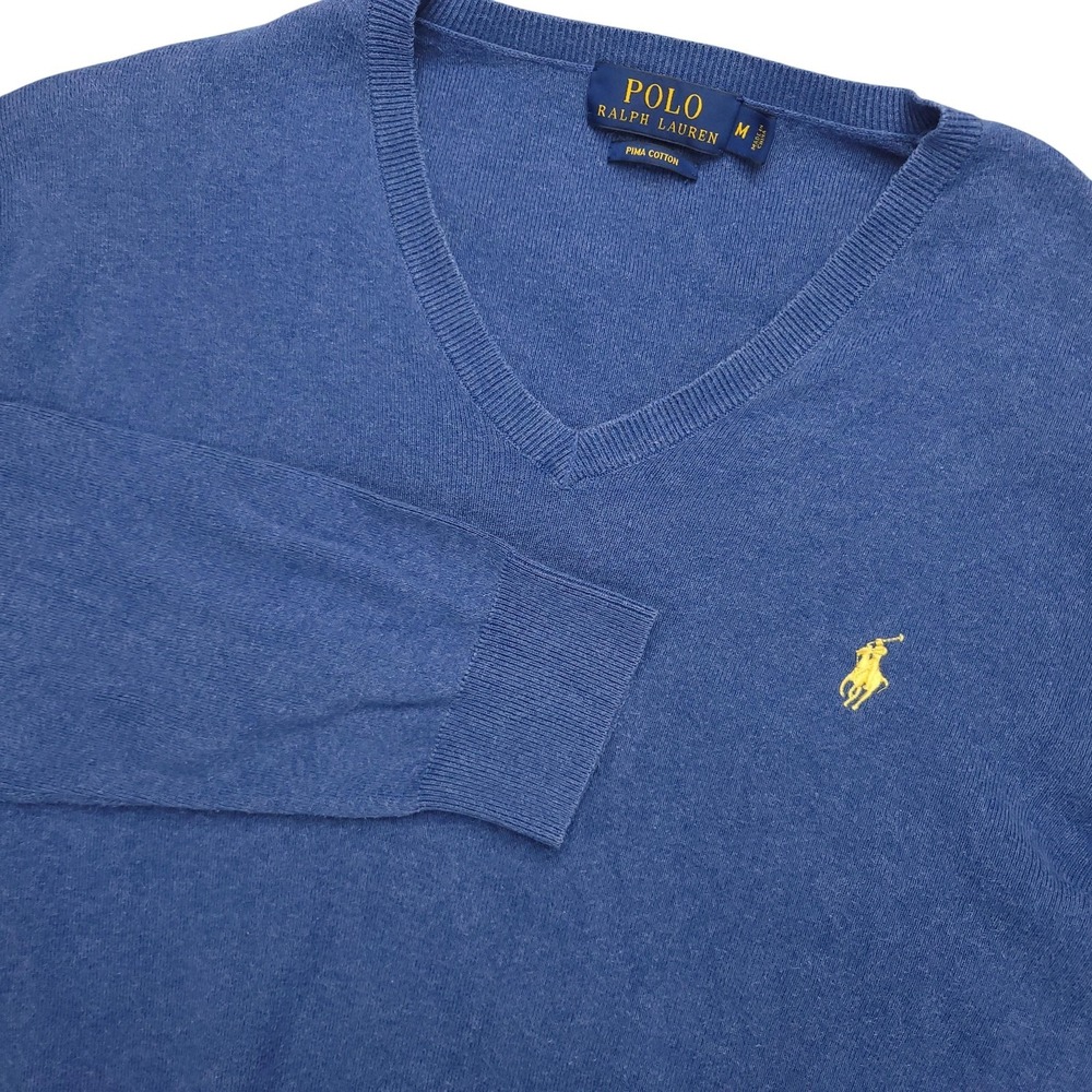 Polo Ralph Lauren Sweater Mens Medium Blue Pima Cotton V Neck Knit Pullover